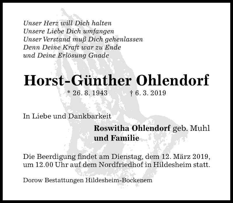  Traueranzeige für Horst-Günther Ohlendorf vom 09.03.2019 aus Hildesheimer Allgemeine Zeitung