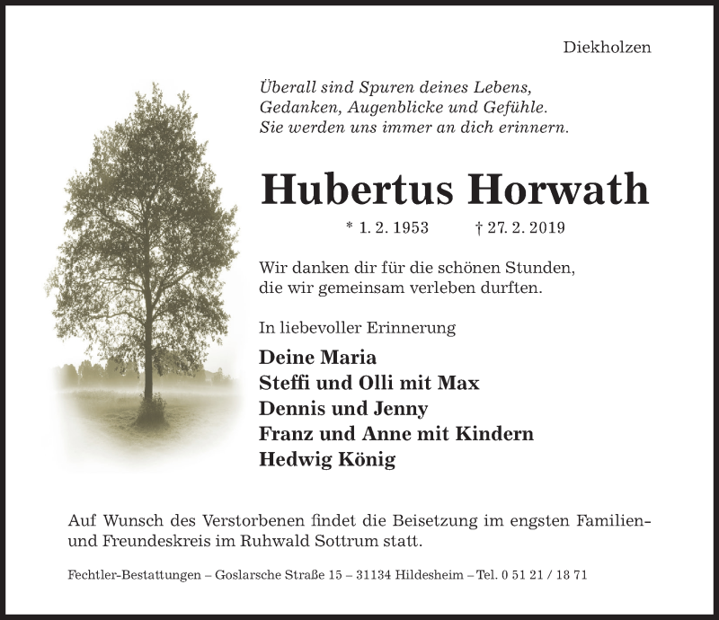  Traueranzeige für Hubertus Horwath vom 02.03.2019 aus Hildesheimer Allgemeine Zeitung