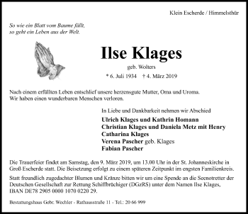 Traueranzeige von Ilse Klages von Hildesheimer Allgemeine Zeitung