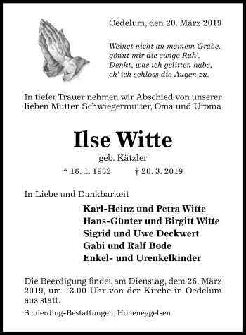 Traueranzeige von Ilse Witte von Hildesheimer Allgemeine Zeitung