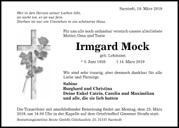 Traueranzeige von Irmgard Mock von Hildesheimer Allgemeine Zeitung