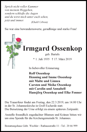 Traueranzeige von Irmgard Ossenkop von Hildesheimer Allgemeine Zeitung