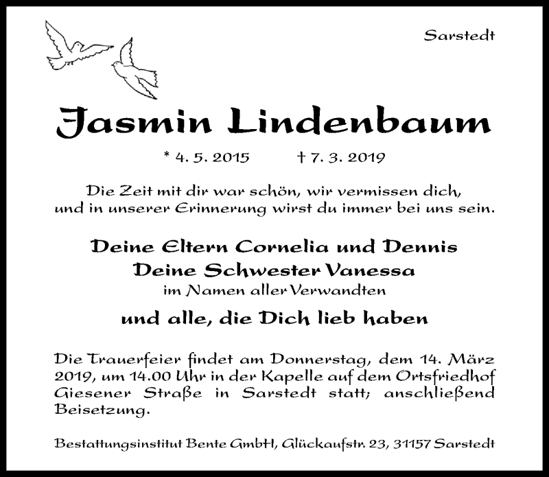  Traueranzeige für Jasmin Lindenbaum vom 11.03.2019 aus Hildesheimer Allgemeine Zeitung