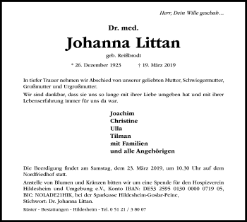 Traueranzeige von Johanna Littan von Hildesheimer Allgemeine Zeitung