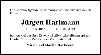 Traueranzeige von Jürgen Hartmann von Hildesheimer Allgemeine Zeitung