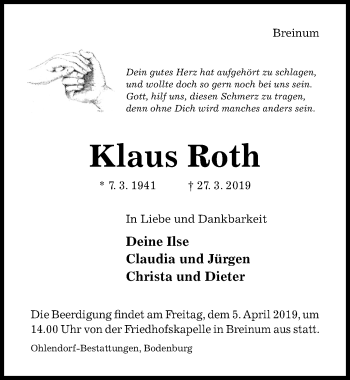 Traueranzeige von Klaus Roth von Hildesheimer Allgemeine Zeitung