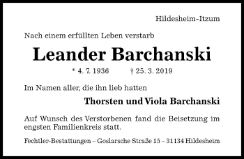 Traueranzeige von Leander Barchanski von Hildesheimer Allgemeine Zeitung