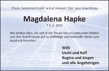 Traueranzeige von Magdalena Hapke von Hildesheimer Allgemeine Zeitung