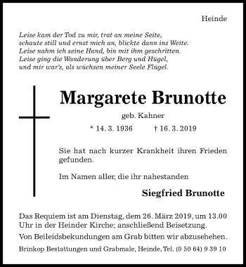 Traueranzeige von Margarete Brunotte von Hildesheimer Allgemeine Zeitung