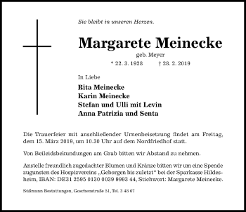 Traueranzeige von Margarete Meinecke von Hildesheimer Allgemeine Zeitung