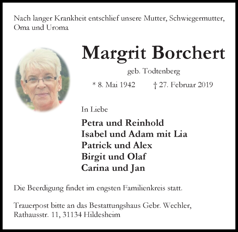  Traueranzeige für Margrit Borchert vom 02.03.2019 aus Hildesheimer Allgemeine Zeitung