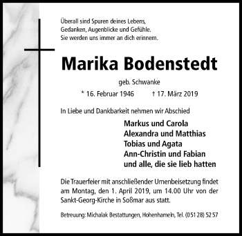 Traueranzeige von Marika Bodenstedt von Hildesheimer Allgemeine Zeitung