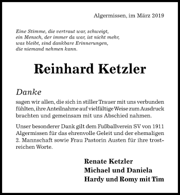 Traueranzeige von Reinhard Ketzler von Hildesheimer Allgemeine Zeitung