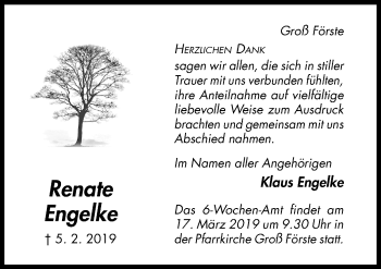 Traueranzeige von Renate Engelke von Hildesheimer Allgemeine Zeitung