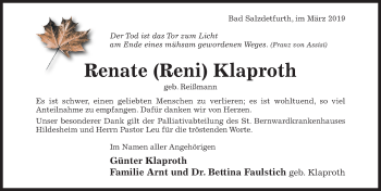 Traueranzeige von Renate Klaproth von Hildesheimer Allgemeine Zeitung