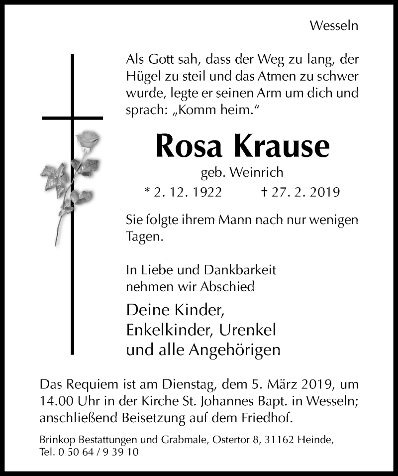  Traueranzeige für Rosa Krause vom 01.03.2019 aus Hildesheimer Allgemeine Zeitung