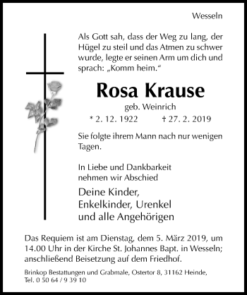 Traueranzeige von Rosa Krause von Hildesheimer Allgemeine Zeitung