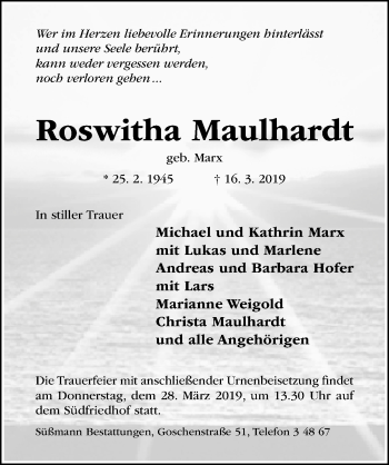 Traueranzeige von Roswitha Maulhardt von Hildesheimer Allgemeine Zeitung