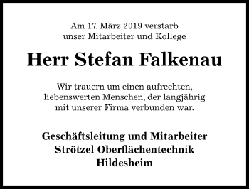 Traueranzeige von Stefan Falkenau von Hildesheimer Allgemeine Zeitung