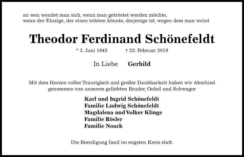  Traueranzeige für Theodor Ferdinand Schönefeldt vom 09.03.2019 aus Hildesheimer Allgemeine Zeitung