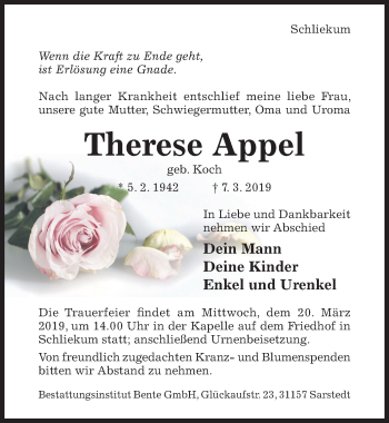 Traueranzeige von Therese Appel von Hildesheimer Allgemeine Zeitung