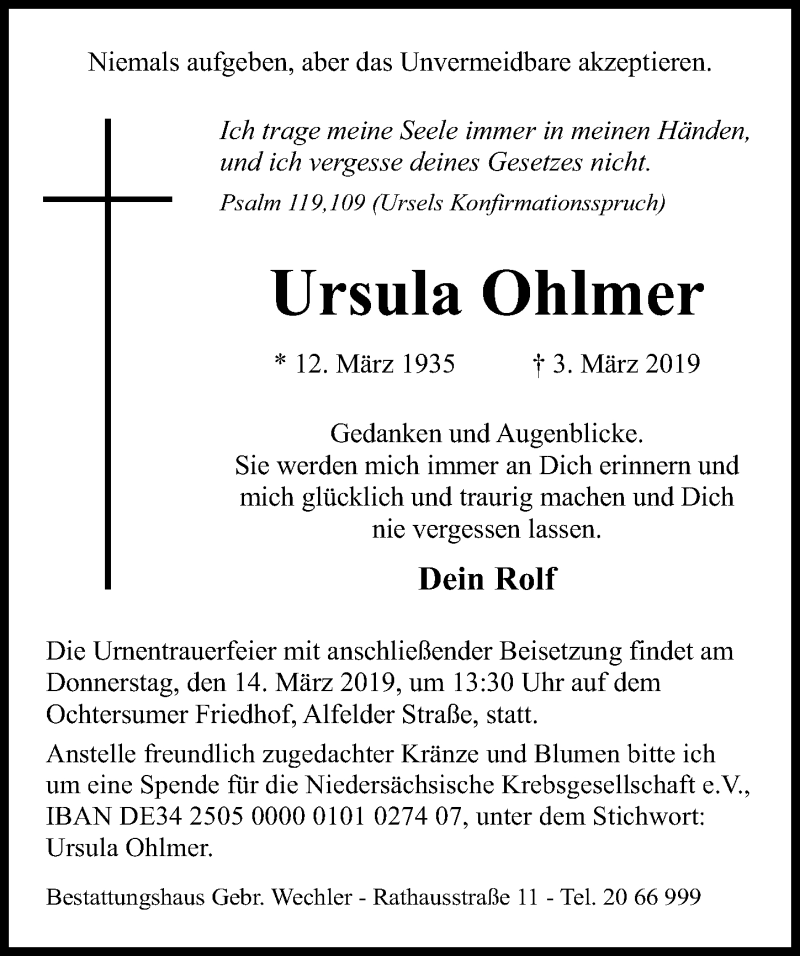 Traueranzeige für Ursula Ohlmer vom 09.03.2019 aus Hildesheimer Allgemeine Zeitung
