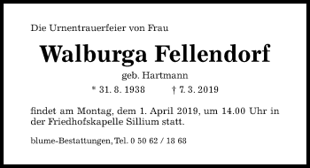 Traueranzeige von Walburga Fellendorf von Hildesheimer Allgemeine Zeitung