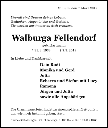 Traueranzeige von Walburga Fellendorf von Hildesheimer Allgemeine Zeitung