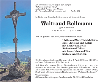 Traueranzeige von Waltraud Bollmann von Hildesheimer Allgemeine Zeitung