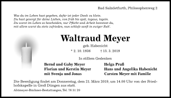 Traueranzeige von Waltraud Meyer von Hildesheimer Allgemeine Zeitung