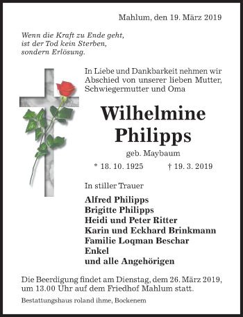 Traueranzeige von Wilhelmine Philipps von Hildesheimer Allgemeine Zeitung