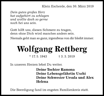 Traueranzeige von Wolfgang Bettberg von Hildesheimer Allgemeine Zeitung