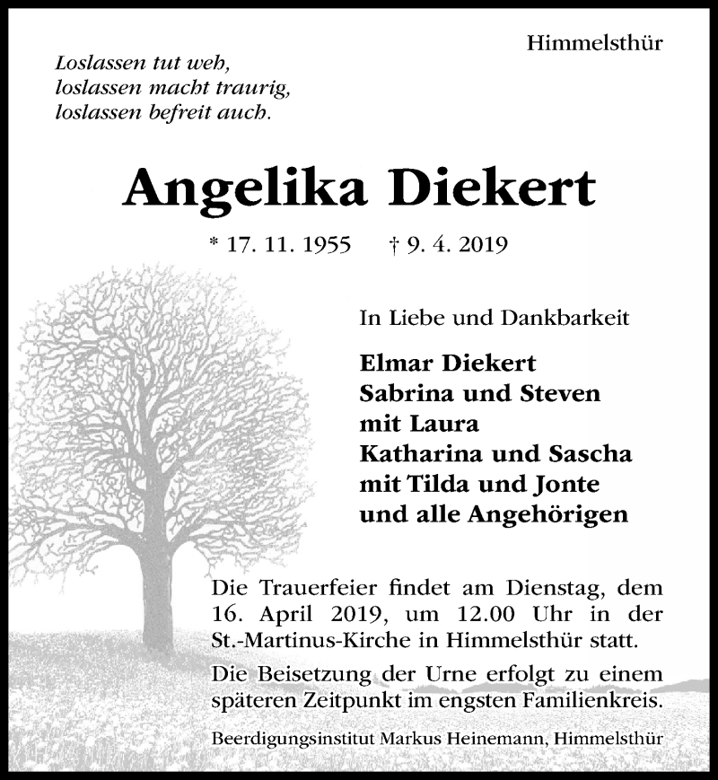  Traueranzeige für Angelika Diekert vom 13.04.2019 aus Hildesheimer Allgemeine Zeitung