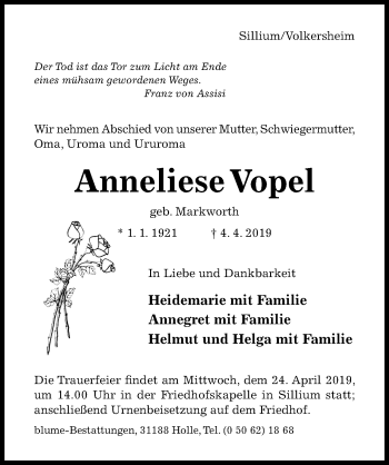 Traueranzeige von Anneliese Vopel von Hildesheimer Allgemeine Zeitung