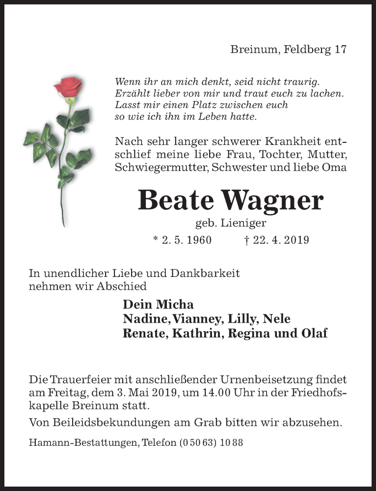  Traueranzeige für Beate Wagner vom 27.04.2019 aus Hildesheimer Allgemeine Zeitung