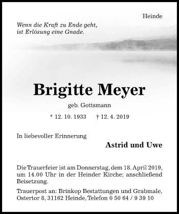 Traueranzeige von Brigitte Meyer von Hildesheimer Allgemeine Zeitung