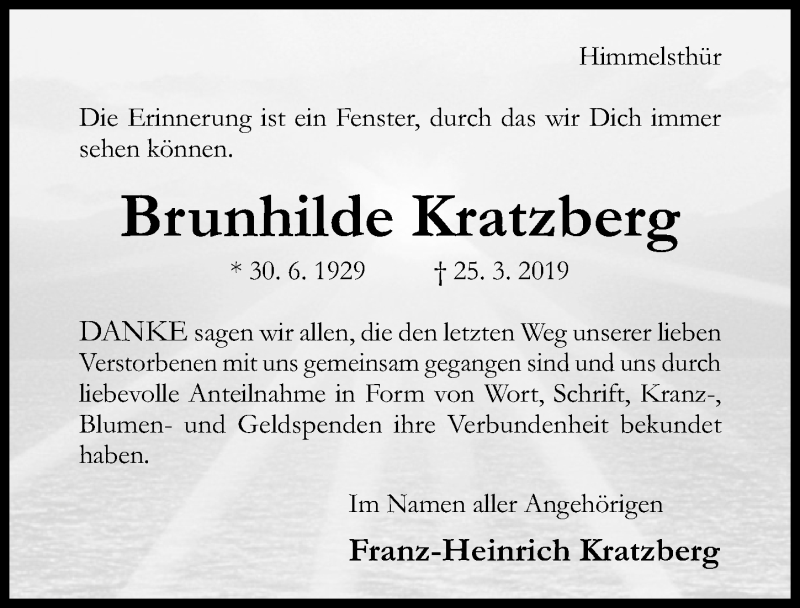  Traueranzeige für Brunhilde Kratzberg vom 20.04.2019 aus Hildesheimer Allgemeine Zeitung