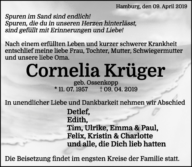  Traueranzeige für Cornelia Krüger vom 20.04.2019 aus Hildesheimer Allgemeine Zeitung