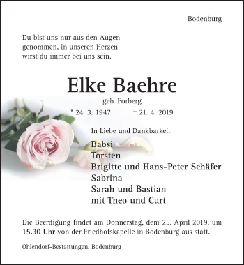 Traueranzeige von Elke Baehre von Hildesheimer Allgemeine Zeitung