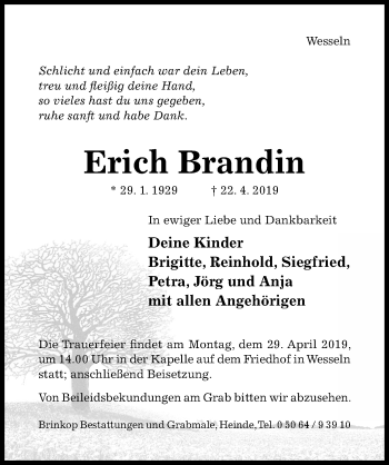 Traueranzeige von Erich Brandin von Hildesheimer Allgemeine Zeitung