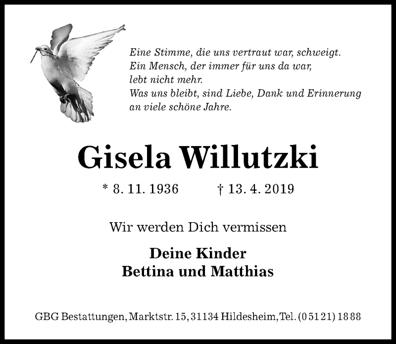  Traueranzeige für Gisela Willutzki vom 18.04.2019 aus Hildesheimer Allgemeine Zeitung