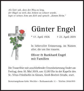 Traueranzeige von Günter Engel von Hildesheimer Allgemeine Zeitung