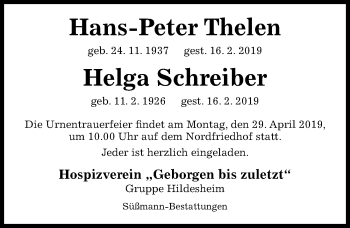 Traueranzeige von Hans-Peter Thelen von Hildesheimer Allgemeine Zeitung