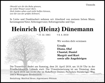 Traueranzeige von Heinrich Dünemann von Hildesheimer Allgemeine Zeitung