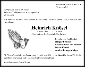 Traueranzeige von Heinrich Knösel von Hildesheimer Allgemeine Zeitung