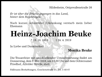 Traueranzeige von Heinz-Joachim Beuke von Hildesheimer Allgemeine Zeitung