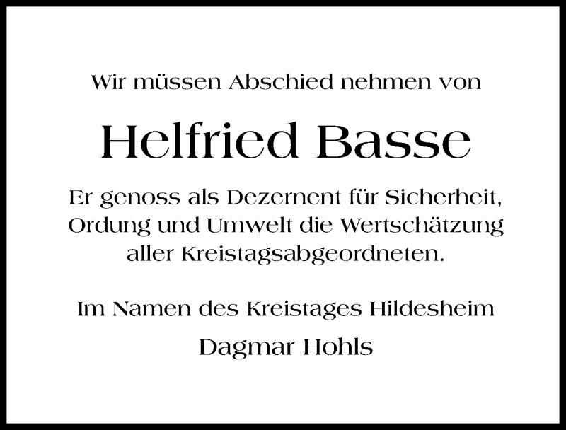  Traueranzeige für Helfried Basse vom 17.04.2019 aus Hildesheimer Allgemeine Zeitung