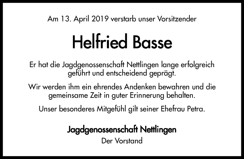  Traueranzeige für Helfried Basse vom 18.04.2019 aus Hildesheimer Allgemeine Zeitung
