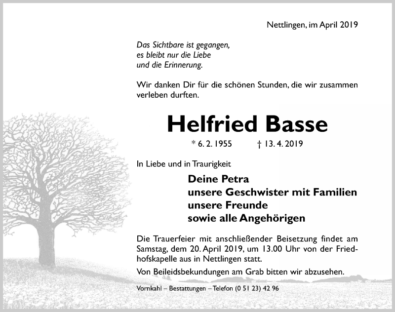  Traueranzeige für Helfried Basse vom 16.04.2019 aus Hildesheimer Allgemeine Zeitung