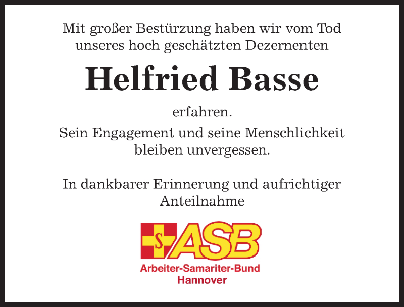  Traueranzeige für Helfried Basse vom 20.04.2019 aus Hildesheimer Allgemeine Zeitung